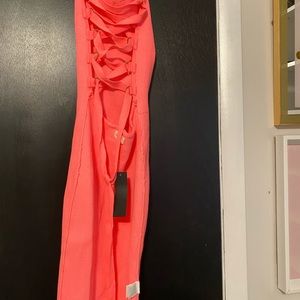 Neon pink knit strapless corset back dress